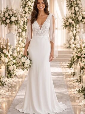 New Lulus Elegant White Lace Deep V-Neck Bodice Wedding Dress Drapes Sz Small
